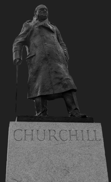 Statue of Winston Churchill in black and white depicting the theme of Leadership