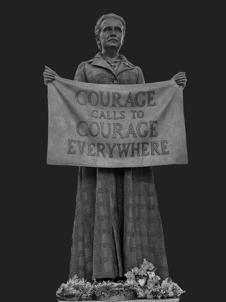 Statue of Millicent Fawcett  Suffragette in black and white
