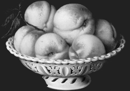 Painting of bowl of peaches in black and white depicting the theme of food