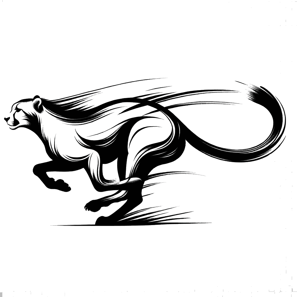 drawing of a cheetah running in black and white depicting the theme of action