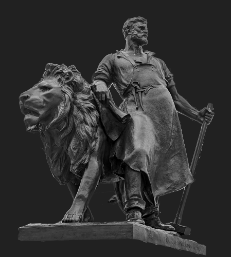 Statue of a blacksmith with a lion depicting the subject of struggle