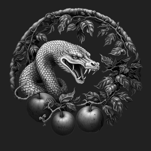 Image of serpent with apple from the Tree of Knowledge of Good and Evil depicting the theme of Temptation
